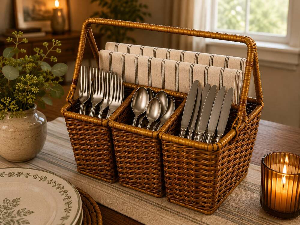 Woven Poly-Wicker Utensil Caddy w/Handle 4 Compartment Flatware/Napkin Organizer